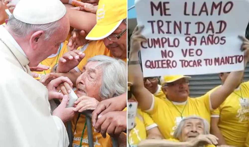 El papa Francisco detuvo su papamóvil para bendecir, hablar y regalarle un rosario a una anciana de 99 años en Trujillo. Foto: composición LR/Andina/difusión El papa Francisco detuvo su papamóvil para bendecir, hablar y regalarle un rosario a una anciana de 99 años en Trujillo. Foto: composición LR/Andina/difusión