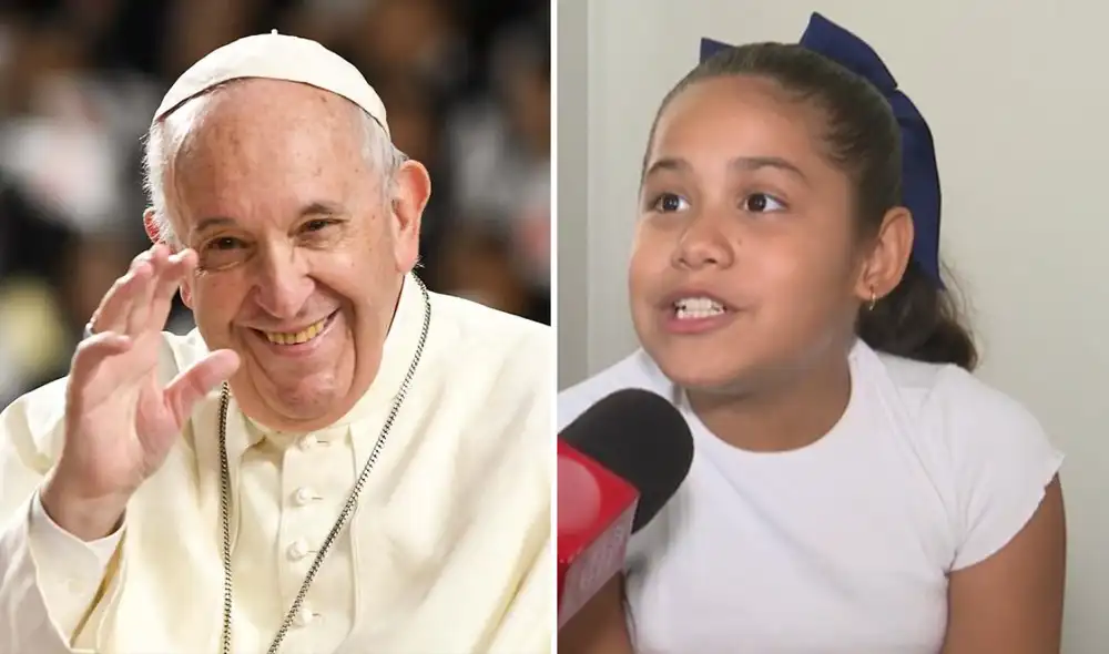 Niña peruana conoció al papa en 2023 e intercambiaron obsequios. Foto: ComposiciónLR/AméricaNoticias