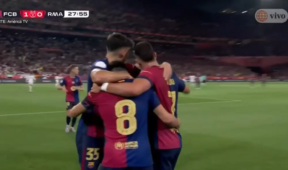 Barcelona se adelantó en el marcador y viene ganando por 1-0 a Real Madrid en la gran final. Foto: captura de pantalla de América TV