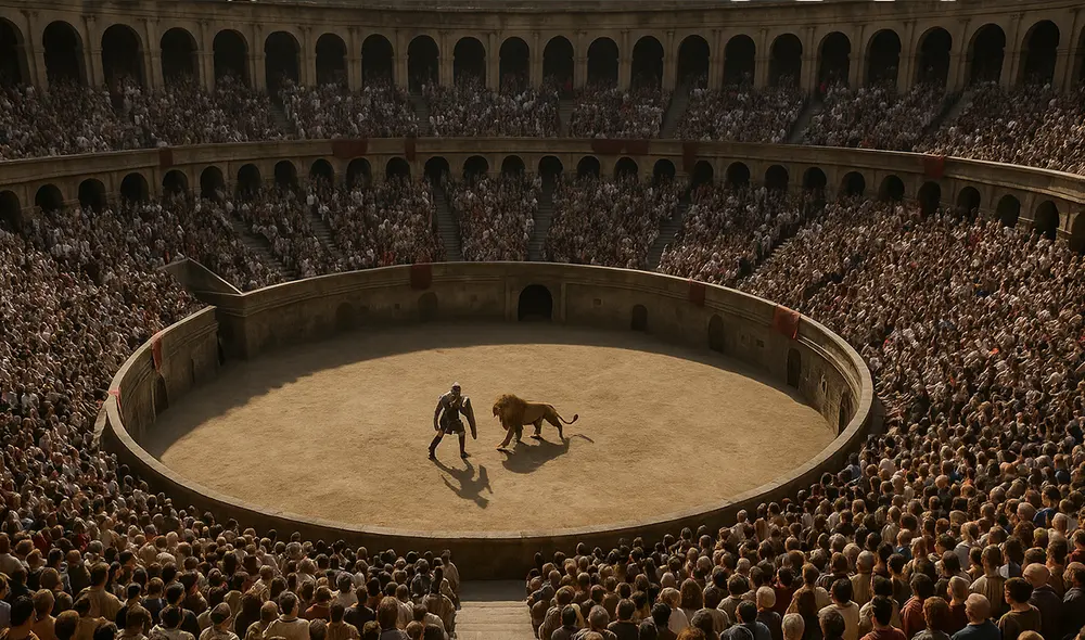 Las batallas entre gladiadores y bestias eran espectáculos comunes en diversas provincias del antiguo imperio romano. Un estudio revela la evidencia de este tipo de combate. Foto: IA ChatGPT
