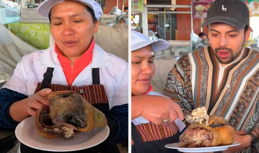 El turista quedó totalmente sorprendido al ver que le agregaban parte del cerebro de la vaca a su platillo. Foto: composición LR/ TikTok / @alexserrano.1 El turista quedó totalmente sorprendido al ver que le agregaban parte del cerebro de la vaca a su platillo. Foto: composición LR/ TikTok / @alexserrano.1