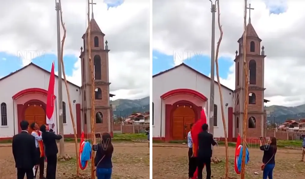 Las autoridades trataron de izar la bandera del Perú en un tronco de árbol, pero al elevarla la soga se rompió. Foto: composición LR/ TikTok/ @ntv_andahuaylas Las autoridades trataron de izar la bandera del Perú en un tronco de árbol, pero al elevarla la soga se rompió. Foto: composición LR/ TikTok/ @ntv_andahuaylas