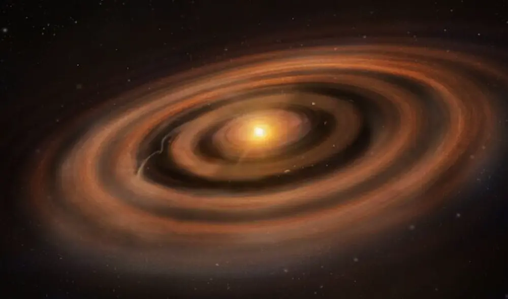 Impresión artística de un disco protoplanetario con planetas en formación que redistribuyen el gas y el polvo a su alrededor. Crédito: NSF/ AUI/NSF NRAO