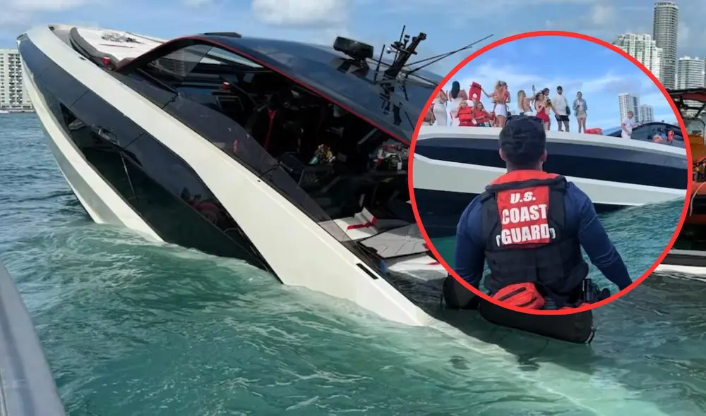 Momento exacto en que la Guardia Costera evacúa a los 32 ocupantes del yate casi sumergido en Miami. Foto: composición LR