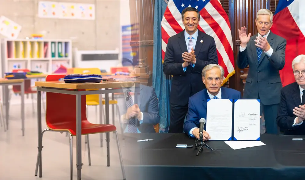 Greg Abbott firmó la ley frente a más de mil personas en Austin; el programa inicia en 2026 con US$1.000 millones. Foto: composición LR Greg Abbott firmó la ley frente a más de mil personas en Austin; el programa inicia en 2026 con US$1.000 millones. Foto: composición LR