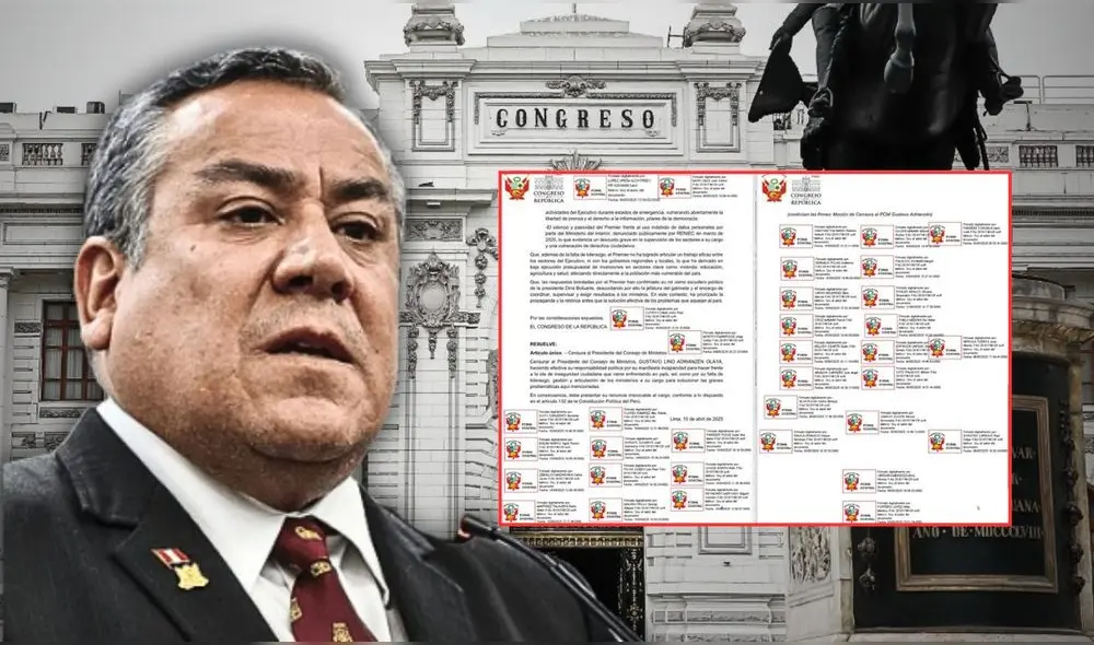 Congreso logró adjuntar las 35 firmas para presentar moción de censura contra Gustavo Adrianzén tras muerte de mineros en Pataz. | Composición LR. Congreso logró adjuntar las 35 firmas para presentar moción de censura contra Gustavo Adrianzén tras muerte de mineros en Pataz. | Composición LR.