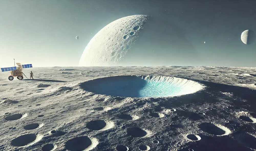 Un estudio chino revela que el hielo de agua en el polo sur lunar es escaso y se encuentra a profundidades de hasta 10 metros, lo que complica su extracción. Este hallazgo es clave para futuras misiones espaciales. Foto: DALL-E