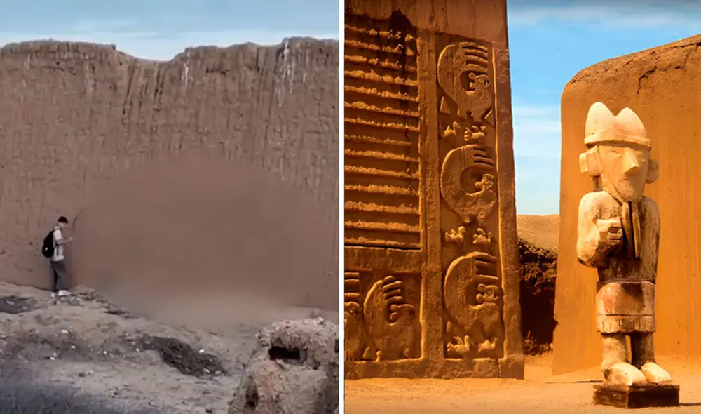 Con un spray de color negro, el joven hizo un dibujo que indignó a los peruanos, sobre todo por atentar contra el patrimonio cultural del Perú. Foto: composición LR/ Serturista.com