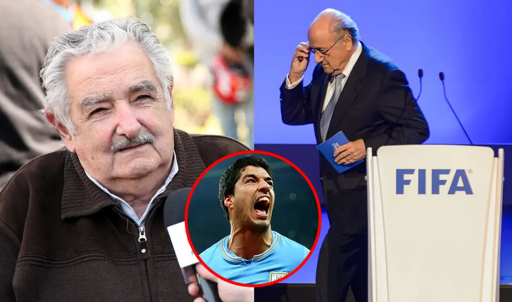 'Pepe' Mujica se mostró en contra de la sanción a Luis Suárez con duros insultos a la FIFA, entonces presidida por Joseph Blatter. Foto: composición de LR/AFP