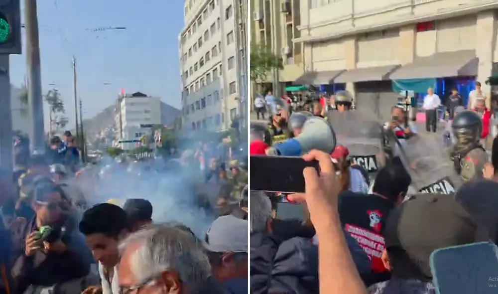 Policía lanza una bomba lacrimógena contra manifestantes en Cercado de Lima. Foto: composición LR