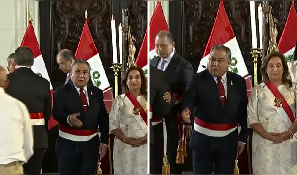 Gustavo Adrianzén quedó con la mano extendida durante el saludo previo a la foto oficial de su último Gabinete en Palacio de Gobierno. | Foto: TV Perú.