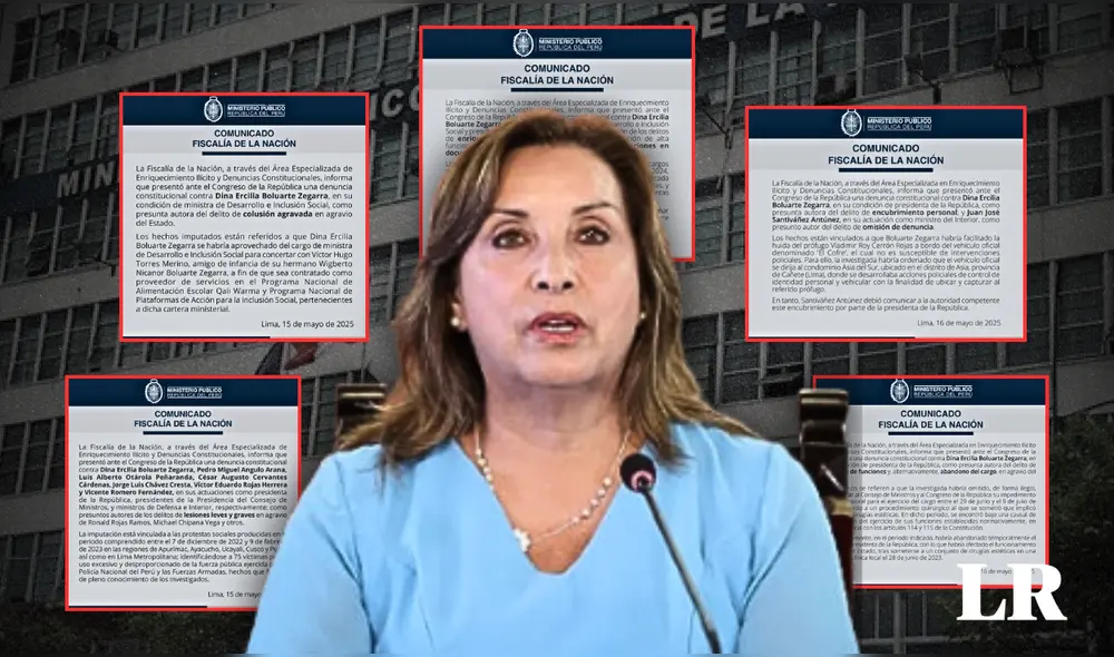 La presidenta Dina Boluarte afronta cinco denuncias constitucionales presentadas por la Fiscalía, que van desde el presunto uso desproporcionado de la fuerza hasta enriquecimiento ilícito. | Composición LR.