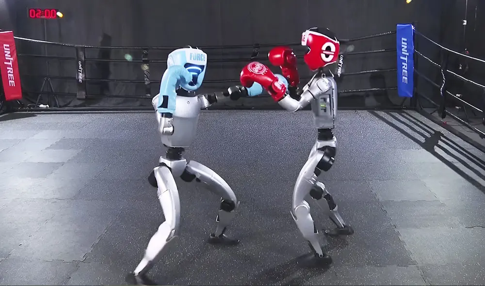 Hangzhou, China, fue el escenario del primer combate de boxeo entre robots humanoides. Foto: Unitree