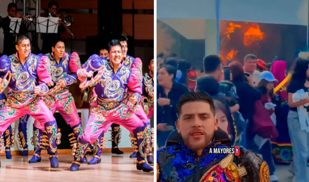 La cabeza de dragón se incendió y generó el pánico de los danzantes en el concurso de caporales. Foto: composición LR/ TikTok / @llendervargas