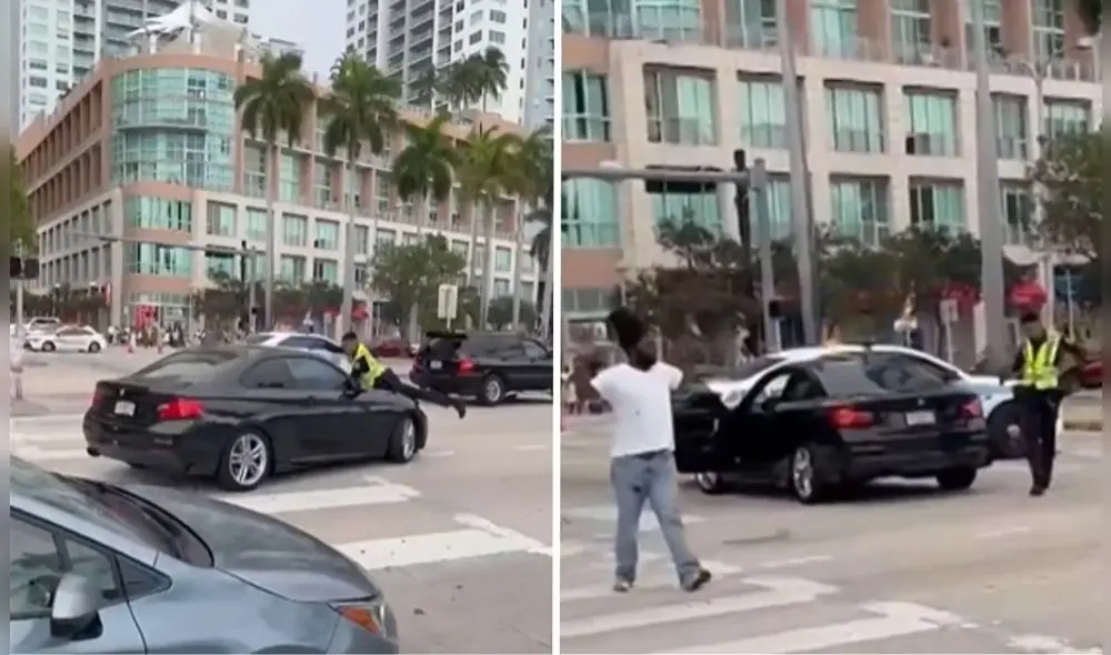 Policía de Miami disparó contra conductor por llevarlo en el capote del auto.