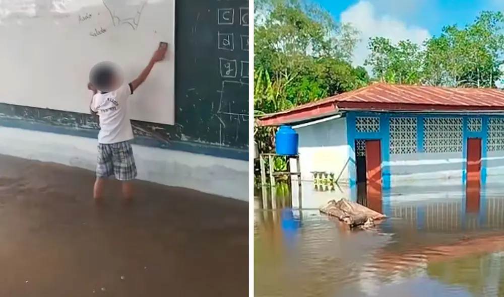 El video del niño borrando lo escrito en una pizarra de su salón de clases completamente inundada causó gran impacto en la población. Foto: composición LR/ TikTok/ @ricardollerenaz