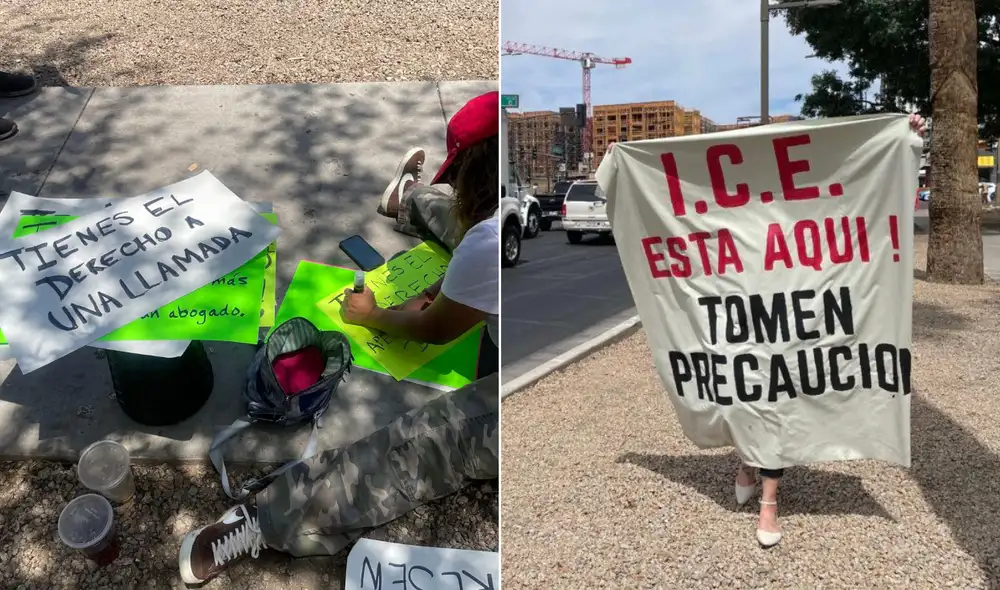 ICE vigila desde autos sin identificar mientras inmigrantes alertan con pancartas. ICE vigila desde autos sin identificar mientras inmigrantes alertan con pancartas.
