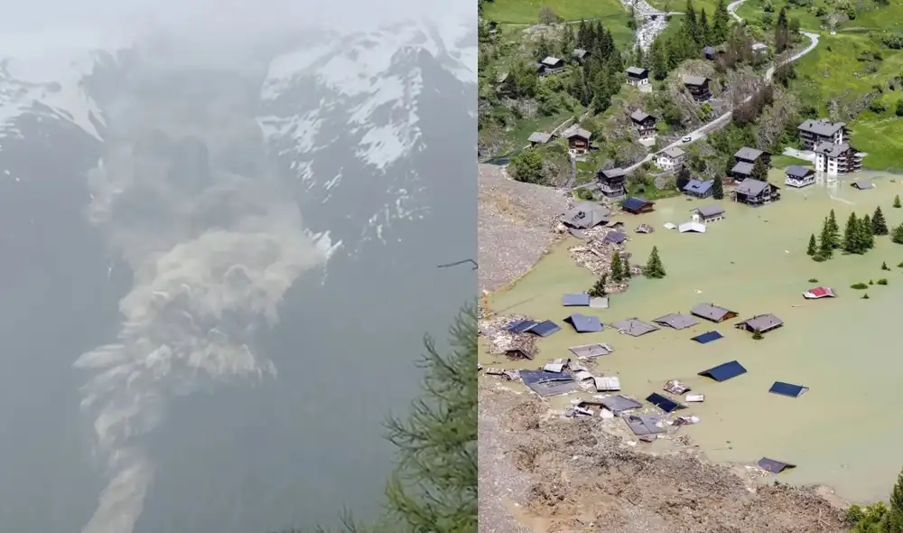 El colapso del glaciar en Suiza no solo ha dejado daños materiales, sino una persona desaparecida. Foto: composición LR/X