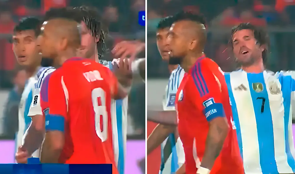 El cruce entre Arturo Vidal y Rodrigo de Paul se produjo al final del primer tiempo. Foto: captura de Tigo Sports CR