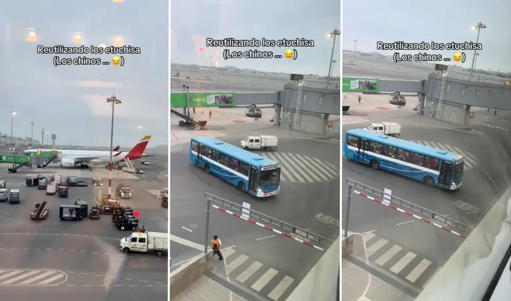 Un joven grabó la peculiar escena en la que un bus parecido a Los Chinos circulaba por las pistas de aterrizaje del aeropuerto Jorge Chávez. Foto: composición LR/TikTok/