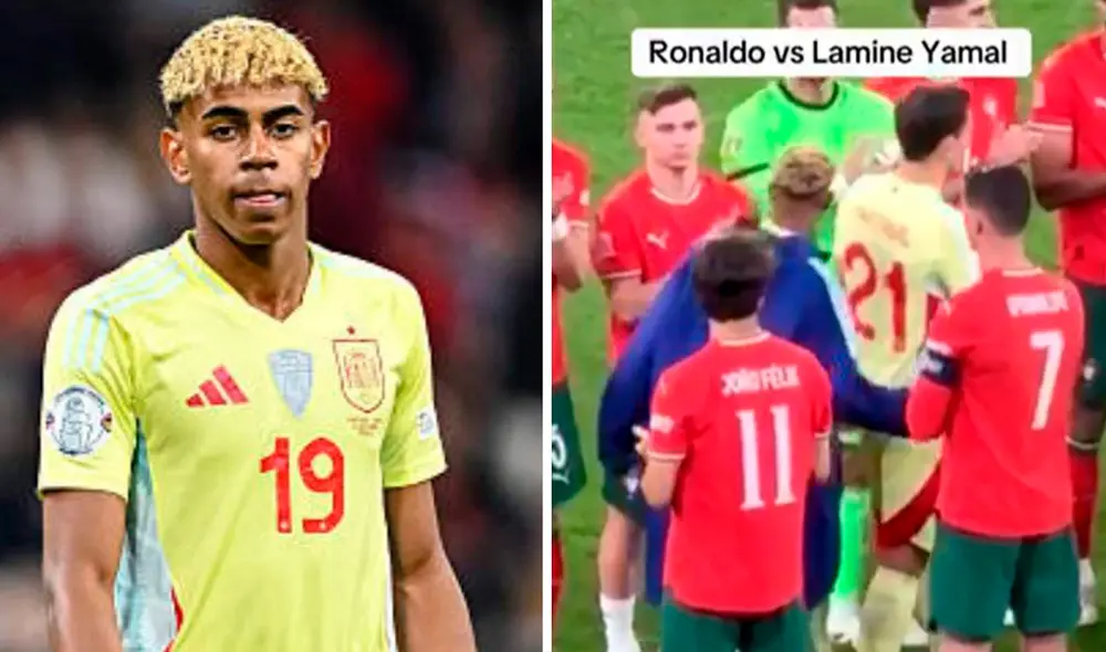 Lamine Yamal no habría mirado a los ojos a Cristiano Ronaldo al momento de saludarlo. Foto: composición de LR/AFP/captura de ESPN Lamine Yamal no habría mirado a los ojos a Cristiano Ronaldo al momento de saludarlo. Foto: composición de LR/AFP/captura de ESPN