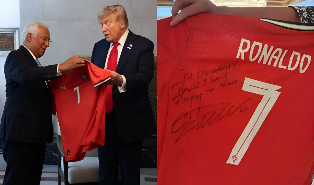 La camiseta firmada por Cristiano Ronaldo dice ''Jugando por la paz'', y se le regala a Trump en la Cumbre G7, en medio del conflicto en Medio Oriente. La camiseta firmada por Cristiano Ronaldo dice ''Jugando por la paz'', y se le regala a Trump en la Cumbre G7, en medio del conflicto en Medio Oriente.