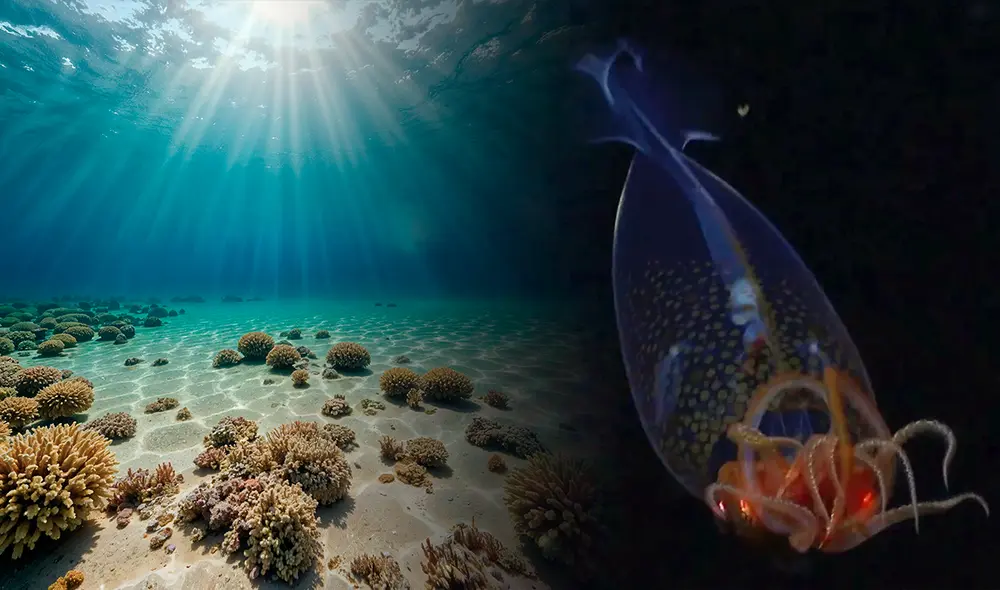 Por primera vez, registran en video al calamar colosal a 600 metros bajo el océano. Foto: Composición LR/ Schmidt Ocean/ Freepik