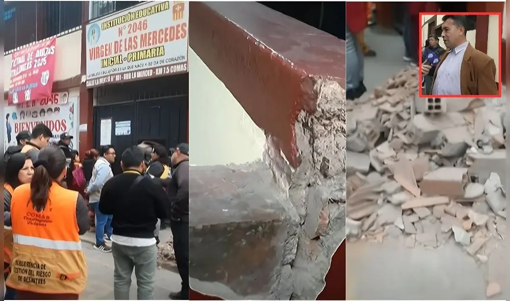 Padres de familia denuncian que estructura de colegio de Comas está a punto de colapsar. Foto: Composición LR/Captura de pantalla de YouTube