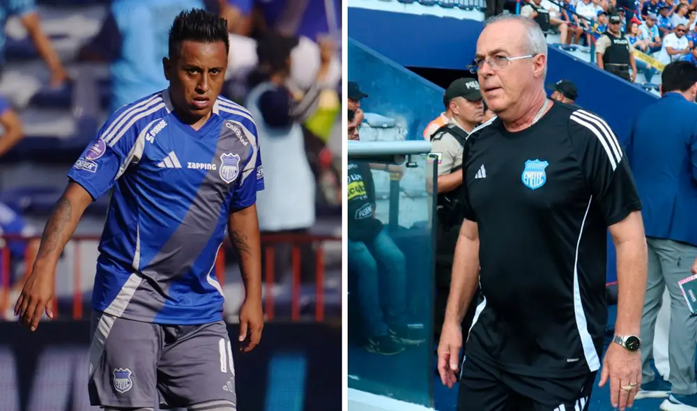 Jorge Célico alineó a Christian Cueva como titular en su primer partido con Emelec. Foto: composición/MrOFF/X