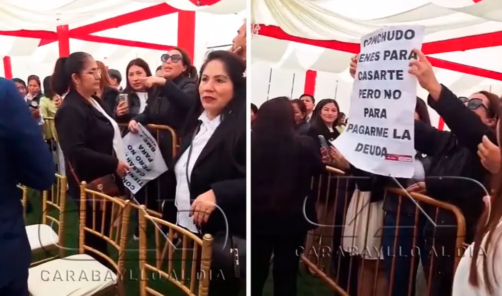 Con cartel en la mano, la mujer gritaba que le paguen la deuda de 5.000 soles. Foto: composición LR/ TikTok / @carabylloaldia