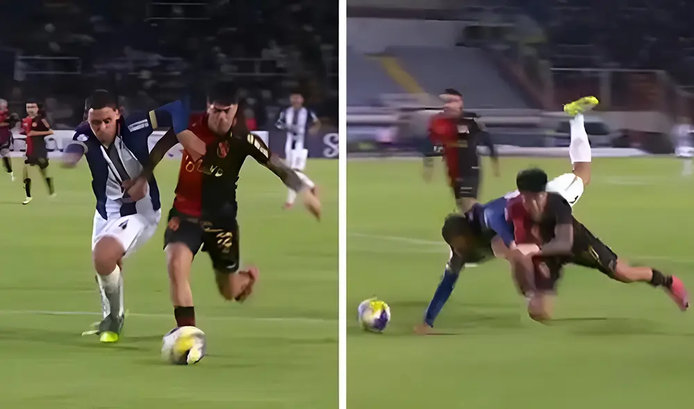 Kenji Cabrera y Erick Noriega forcejearon en el área de Alianza Lima antes de que el jugador de Melgar cayera. Foto: composición de LR/captura de L1 Max