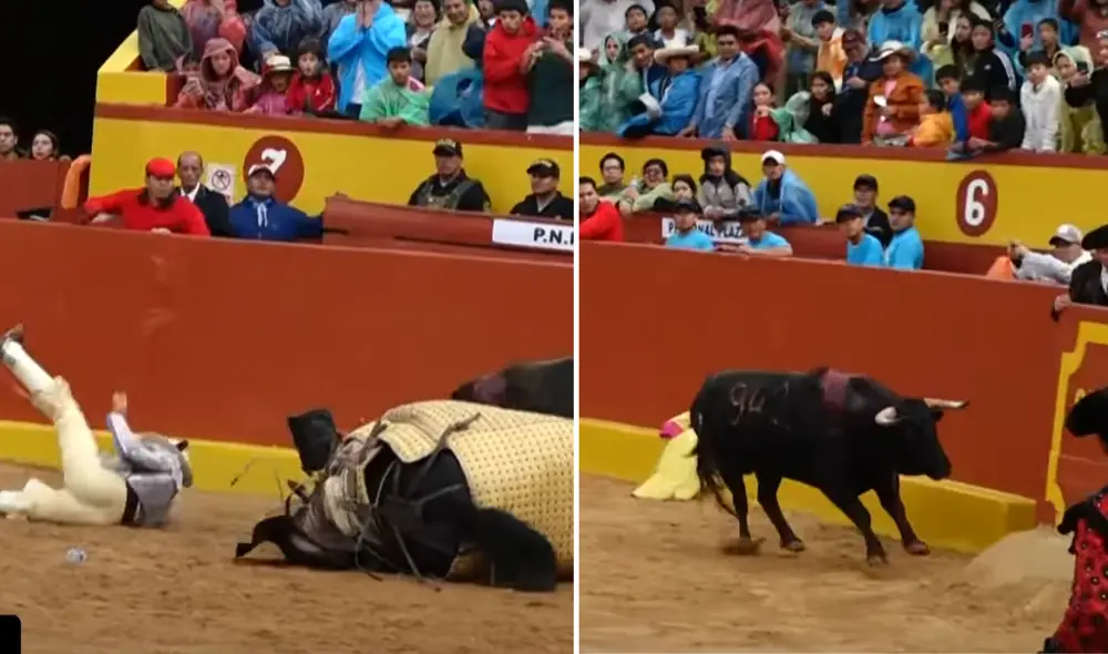 Toro casi embista a hombre en Cajamarca. Foto: composición LR / captura Latina Noticias