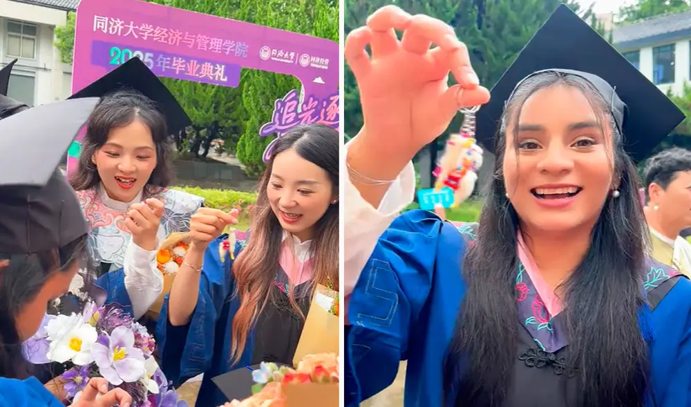 La joven obsequió llaveros de llamitas a sus compañeros durante su graduación en China. Foto: composición LR/ TikTok/ @carolina.qiao La joven obsequió llaveros de llamitas a sus compañeros durante su graduación en China. Foto: composición LR/ TikTok/ @carolina.qiao