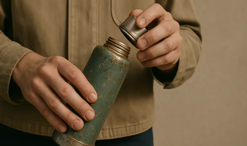 El recipiente, que utilizaba para transportar café y bebidas, liberaba partículas de metal tóxico. A pesar de los lavados, la corrosión interna afectó su salud. Foto: DALL-E