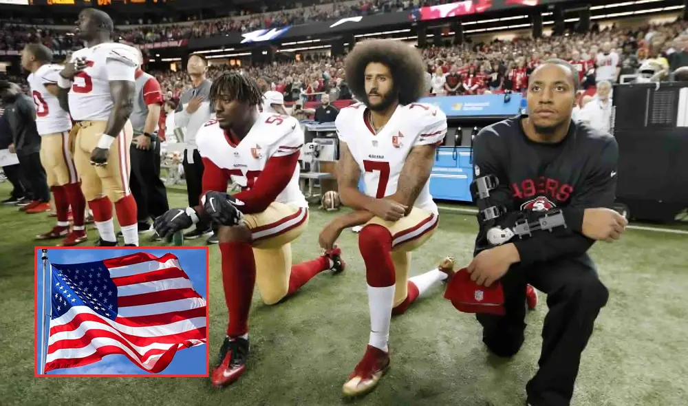Jugadores de la NFL, en señal de protesta contra el racismo, se arrodillan cada vez que suena el himno nacional de los Estados Unidos.