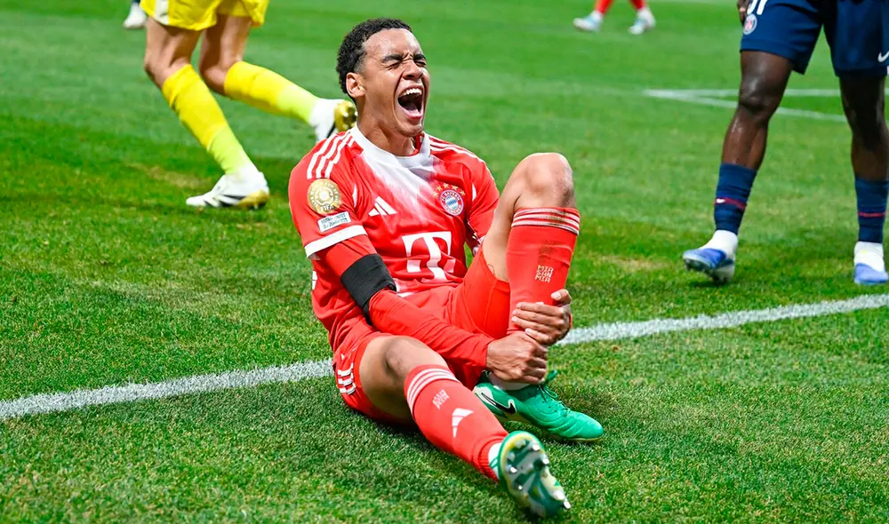 Jamal Musiala se lesionó al final del primer tiempo del Bayern Múnich vs PSG. Foto: Actu Foot Jamal Musiala se lesionó al final del primer tiempo del Bayern Múnich vs PSG. Foto: Actu Foot