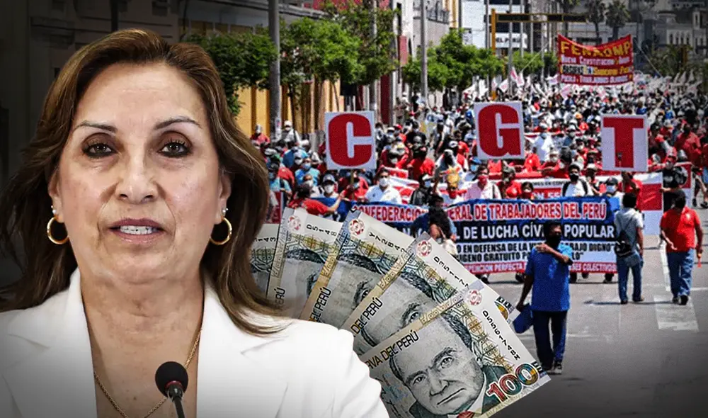 Además de rechazar el aumento de sueldo de Dina Boluarte, la CGTP considera que el Ejecutivo debe priorizar un mecanismo técnico de revisión de la RMV. Foto: composición LR/Andina/CGTP