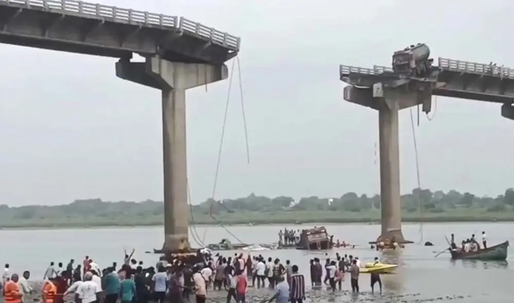 Al menos 13 personas, incluidos dos niños, mueren en India tras el colapso de un puente en Gujarat. Foto: X Al menos 13 personas, incluidos dos niños, mueren en India tras el colapso de un puente en Gujarat. Foto: X