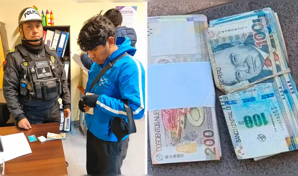 El hecho ocurrió frente a la agencia del banco Interbank. El efectivo fue alertado por transeúntes sobre la presencia de varios billetes dispersos en la vía pública. Foto: Composición LR /PNP