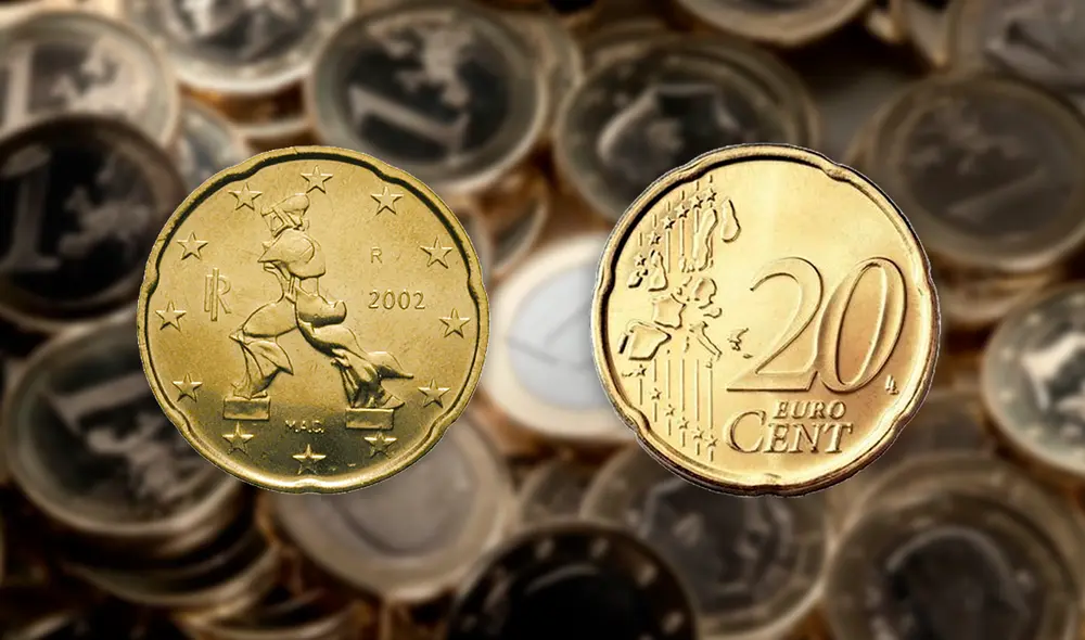 Una moneda de 20 céntimos italiana del año 2002 podría valer hasta 1.500 euros gracias a su diseño artístico y su rareza. Foto: composición LR/Colnect