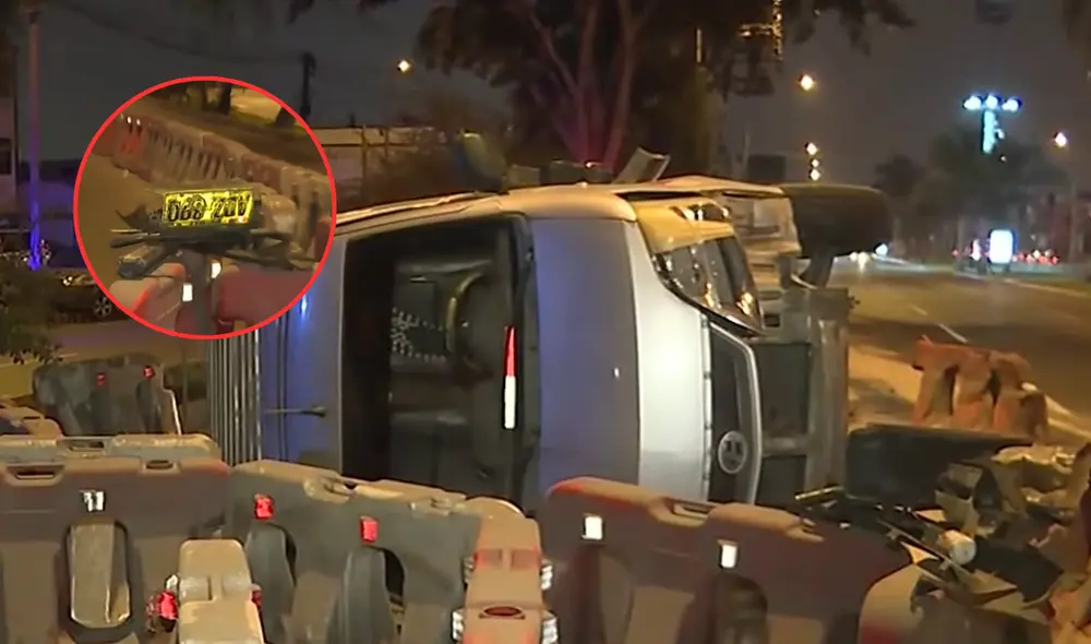 Miniván termina volcada en av. Javier Prado tras chocar contra separadores de corredor rojo. Foto: Composición LR