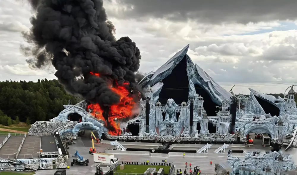 El escenario principal del festival de música Tomorrowland en Bélgica se incendió, según múltiples videos y fotos que circulan en redes sociales. Foto: X El escenario principal del festival de música Tomorrowland en Bélgica se incendió, según múltiples videos y fotos que circulan en redes sociales. Foto: X