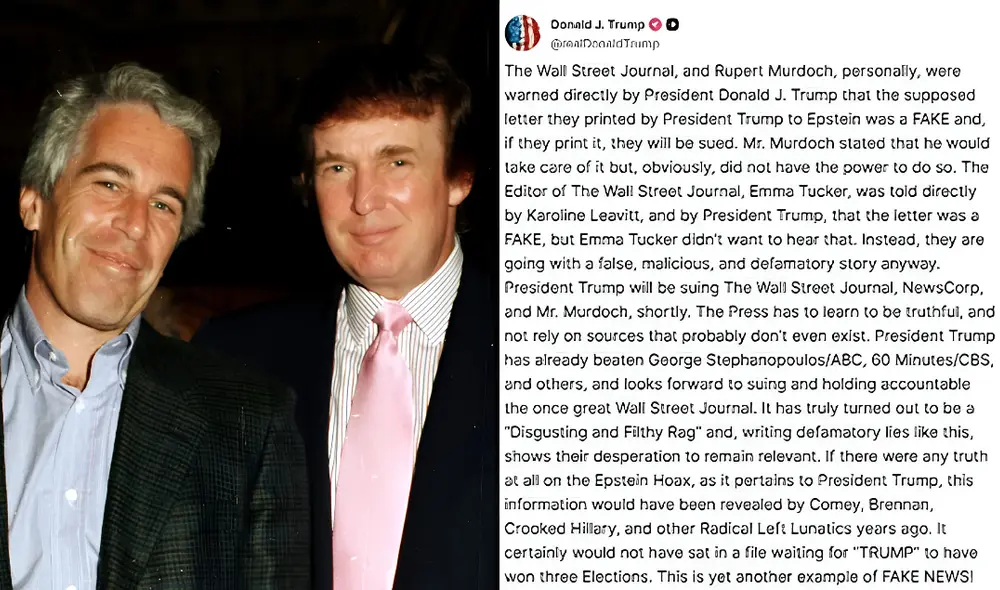 Donald Trump demanda a The Wall Street Journal por difamación, tras la publicación de una supuesta carta para Jeffrey Epstein. Alega que son "noticias falsas".