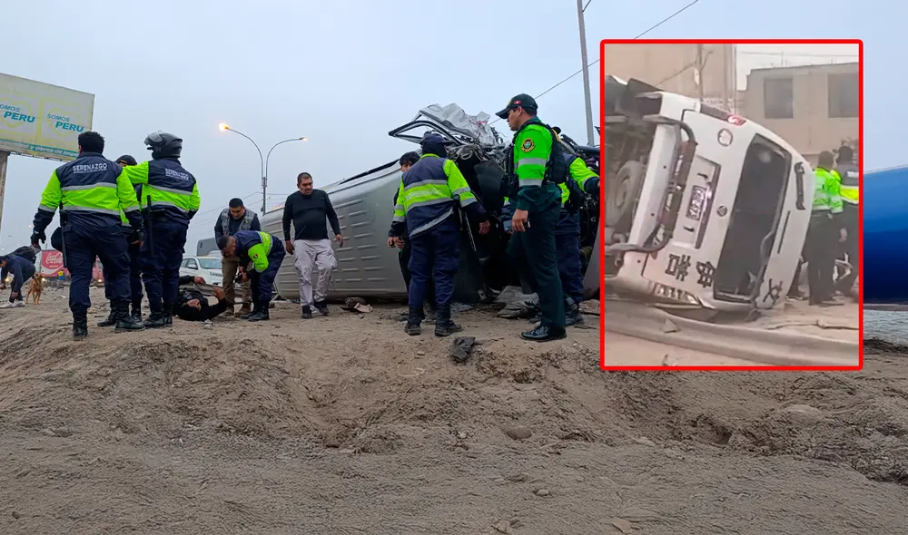 Combi que cubría la ruta a Huaycán se volcó tras impactar con camión en la autopista Ramiro Prialé. Combi que cubría la ruta a Huaycán se volcó tras impactar con camión en la autopista Ramiro Prialé.
