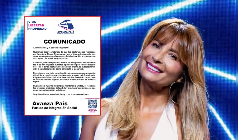 Avanza País desmiente candidatura de Olenka Zimmermann con un comunicado. Avanza País desmiente candidatura de Olenka Zimmermann con un comunicado.