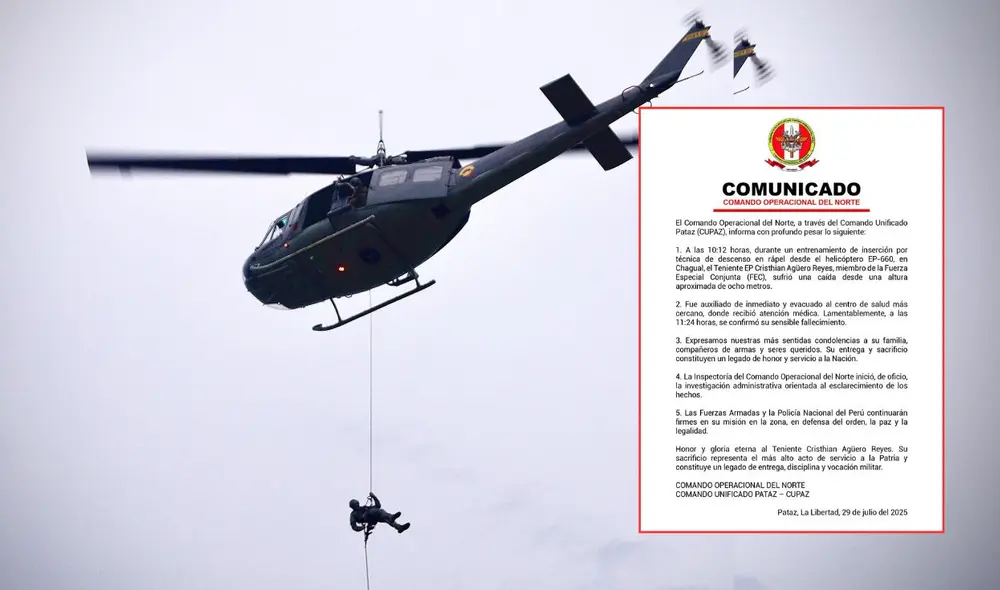 Teniendo del Ejército muere tras caer de helicóptero cuando practicaba rapel en Pataz. Foto: composición LR