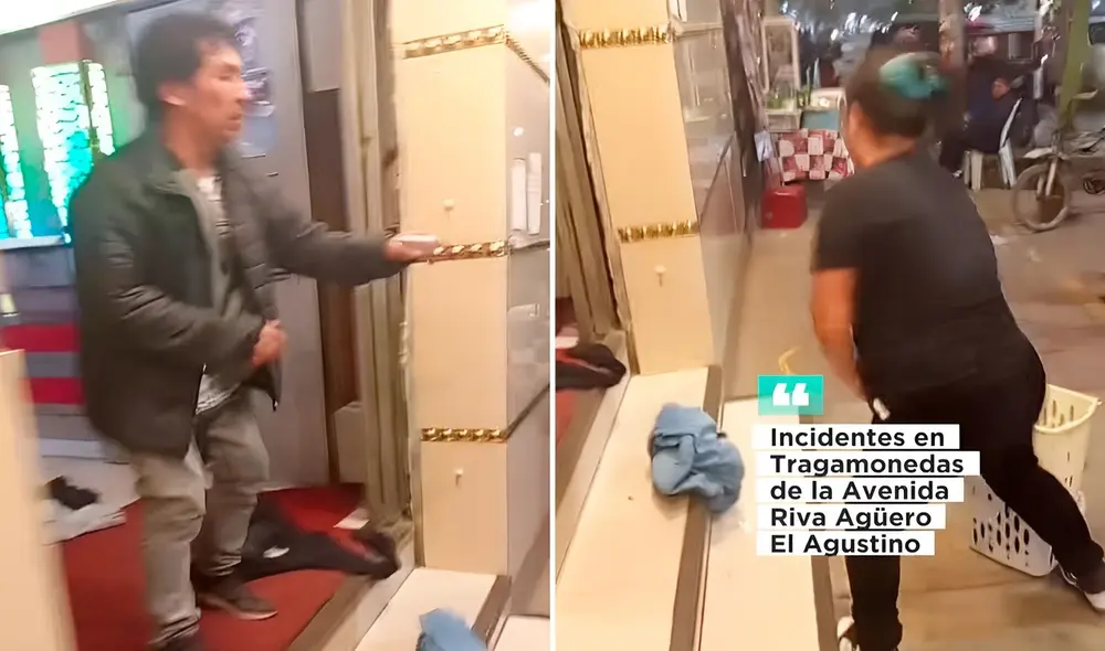 El hombre salió sorprendido del tragamonedas al ver que la mujer gritaba desde la puerta y le arrojaba su ropa. El hombre salió sorprendido del tragamonedas al ver que la mujer gritaba desde la puerta y le arrojaba su ropa.