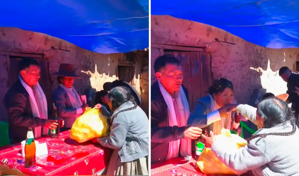 La adulta mayor se acercó a los recién casados con una bolsita plástica donde llevaba los choclos para entregarle a la pareja. La adulta mayor se acercó a los recién casados con una bolsita plástica donde llevaba los choclos para entregarle a la pareja.