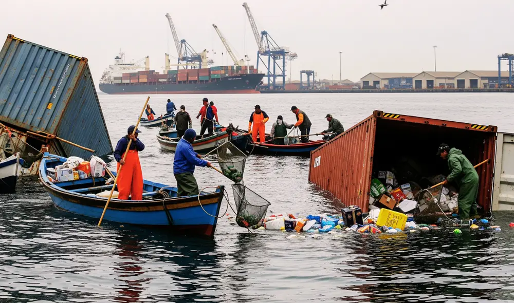 Pescadores recogieron los productos de los contenedores tras su caída al mar en el Callao, procedentes de Asia.