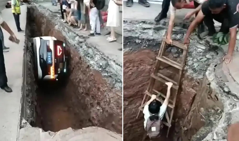 El incidente ocurrió el jueves 7 de agosto en Chongqing, China, cuando el vehículo autónomo cayó a un pozo cercano a una carretera. Foto composición LR/X
